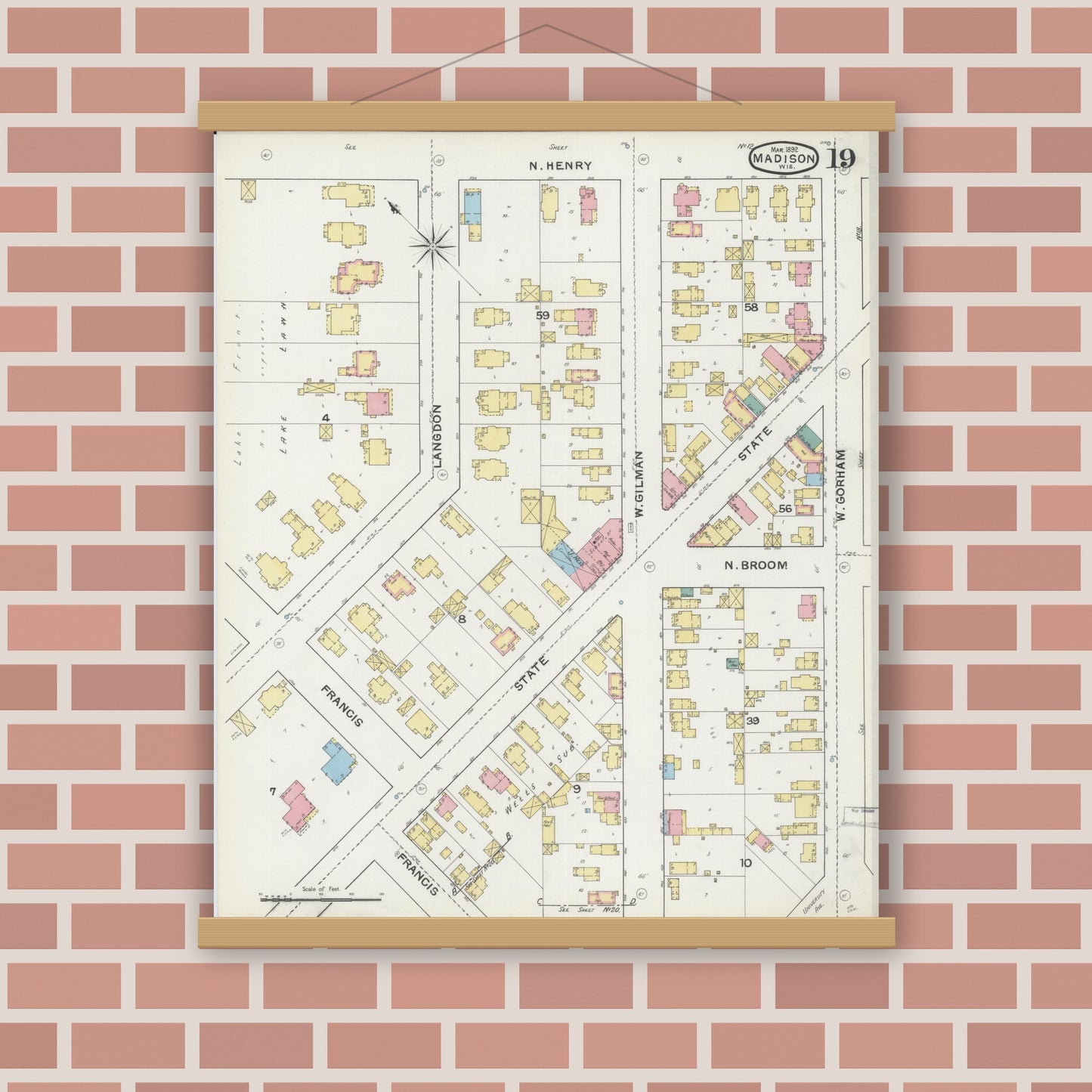 Old map wall art mockup — magnetic wood frame on brick wall — Sanborn Fire Insurance Map from Madison, Dane County, Wisconsin (1892), Sheet #0019