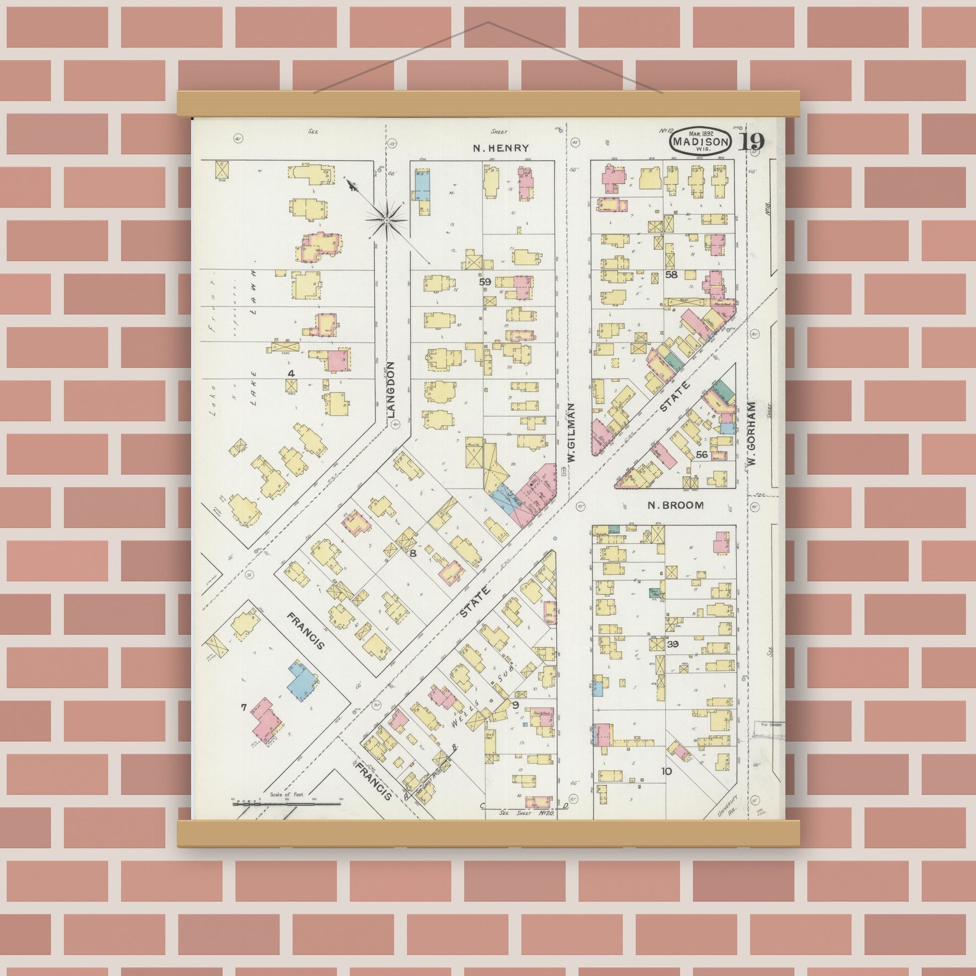 Old map wall art mockup — magnetic wood frame on brick wall — Sanborn Fire Insurance Map from Madison, Dane County, Wisconsin (1892), Sheet #0019