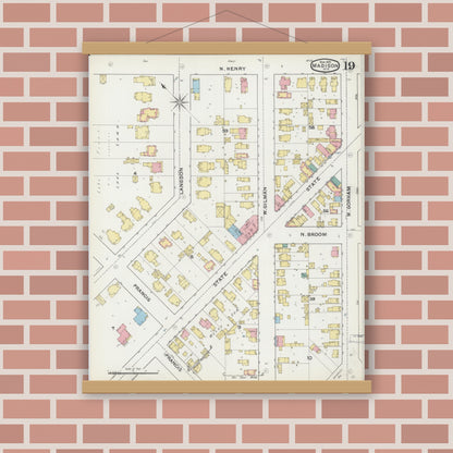 Old map wall art mockup — magnetic wood frame on brick wall — Sanborn Fire Insurance Map from Madison, Dane County, Wisconsin (1892), Sheet #0019