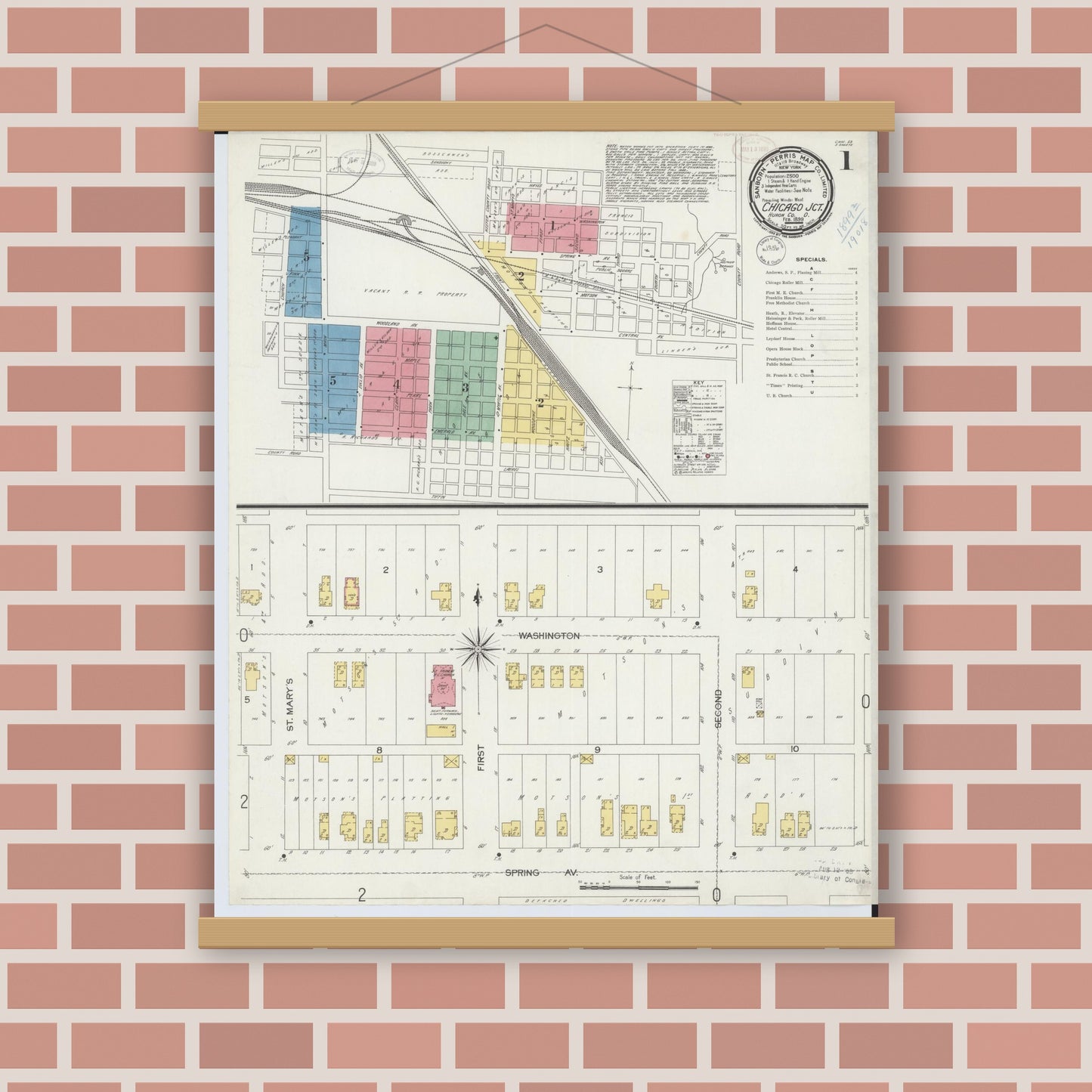 Old map wall art mockup — magnetic wood frame on brick wall — Sanborn Fire Insurance Map from Chicago Junction, Huron County, Ohio (1899) - Complete Map Set