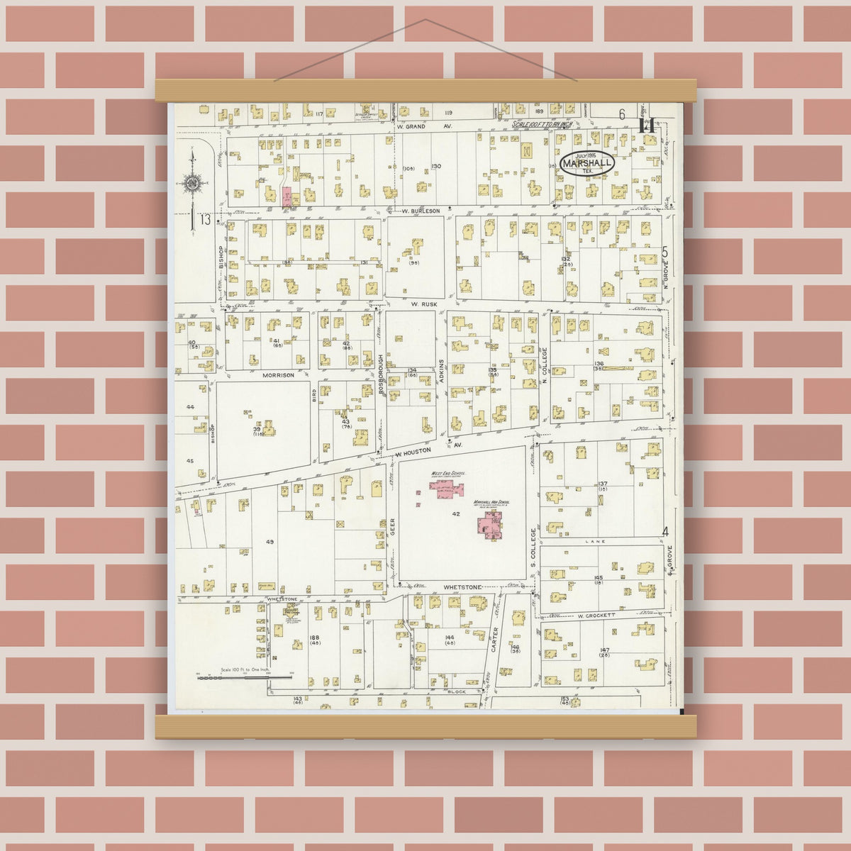 Old map wall art mockup — magnetic wood frame on brick wall — Sanborn Fire Insurance Map from Marshall, Harrison County, Texas (1915), Sheet #0014