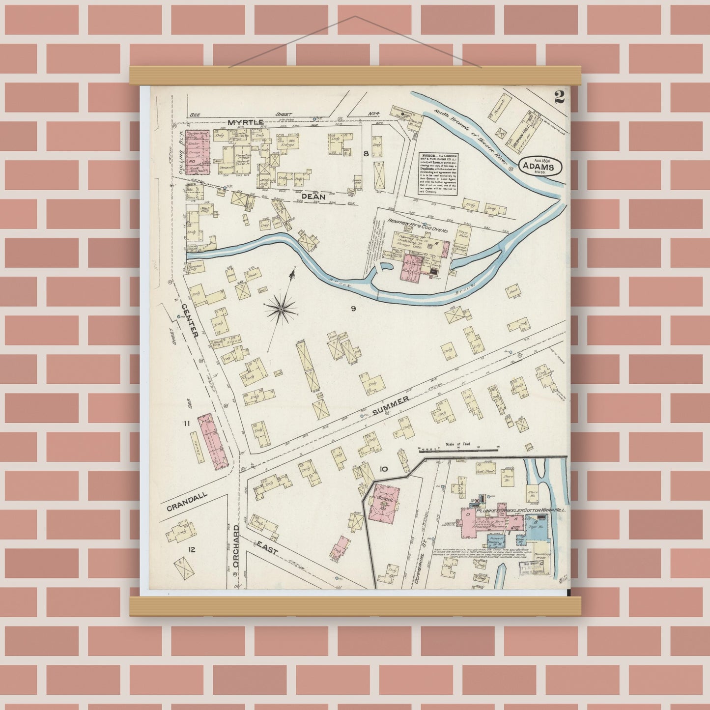 Old map wall art mockup — magnetic wood frame on brick wall — Sanborn Fire Insurance Map from Adams, Berkshire County, Massachusetts (1884), Sheet #0002