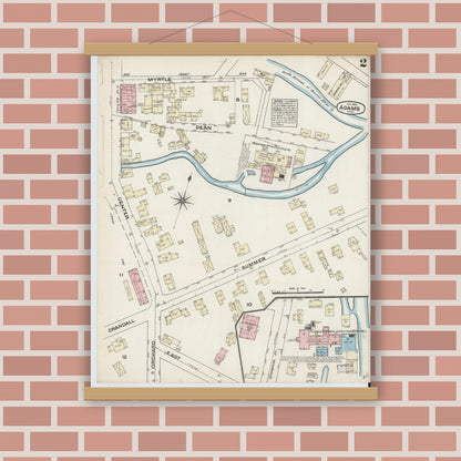 Old map wall art mockup — magnetic wood frame on brick wall — Sanborn Fire Insurance Map from Adams, Berkshire County, Massachusetts (1884), Sheet #0002