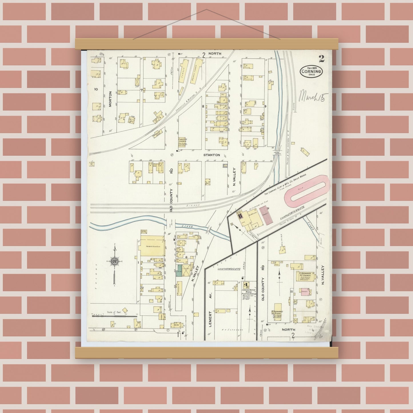 Old map wall art mockup — magnetic wood frame on brick wall — Sanborn Fire Insurance Map from Corning, Perry County, Ohio (1909), Sheet #0002