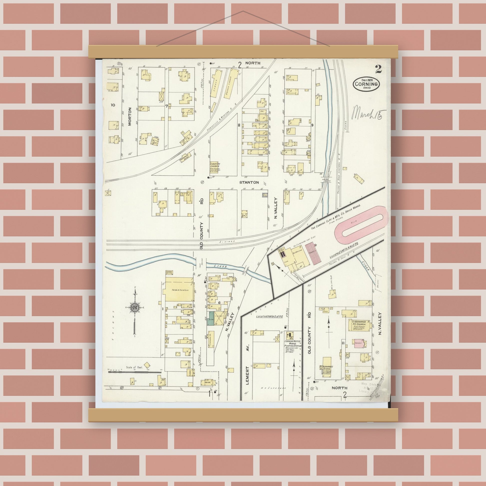 Old map wall art mockup — magnetic wood frame on brick wall — Sanborn Fire Insurance Map from Corning, Perry County, Ohio (1909), Sheet #0002