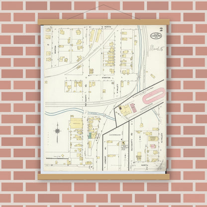 Old map wall art mockup — magnetic wood frame on brick wall — Sanborn Fire Insurance Map from Corning, Perry County, Ohio (1909), Sheet #0002
