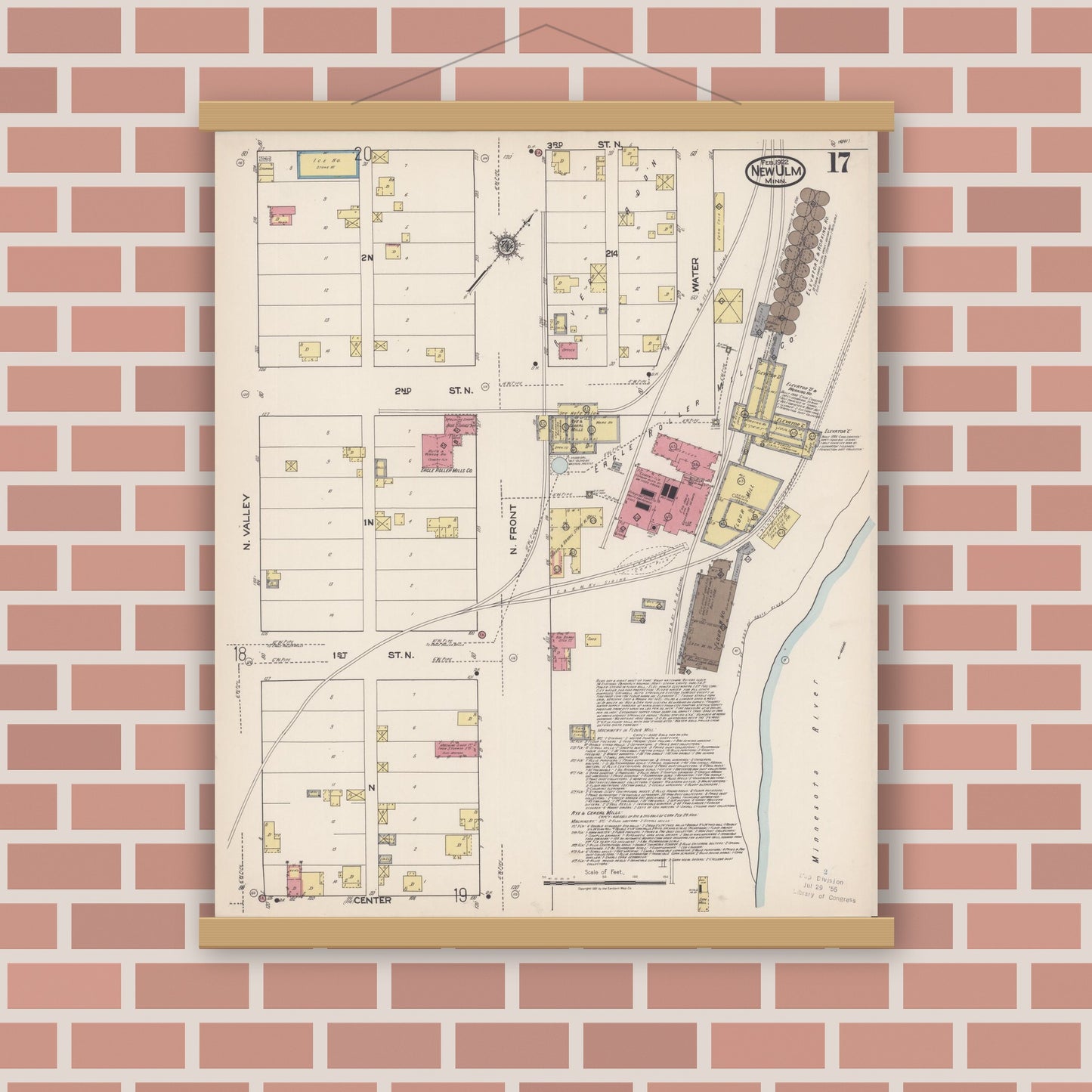 Old map wall art mockup — magnetic wood frame on brick wall — Sanborn Fire Insurance Map from New Ulm, Brown County, Minnesota (1922), Sheet #0017