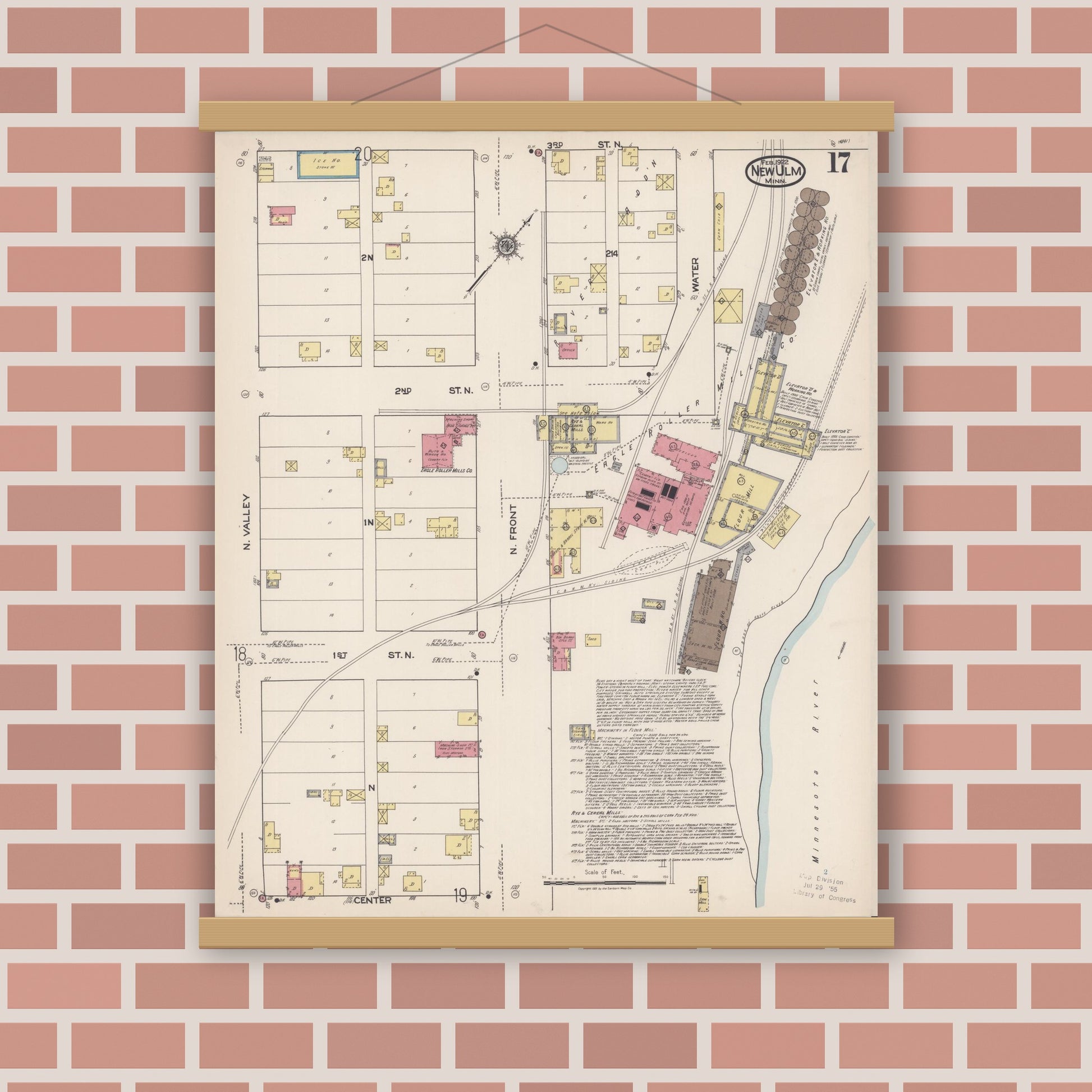 Old map wall art mockup — magnetic wood frame on brick wall — Sanborn Fire Insurance Map from New Ulm, Brown County, Minnesota (1922), Sheet #0017