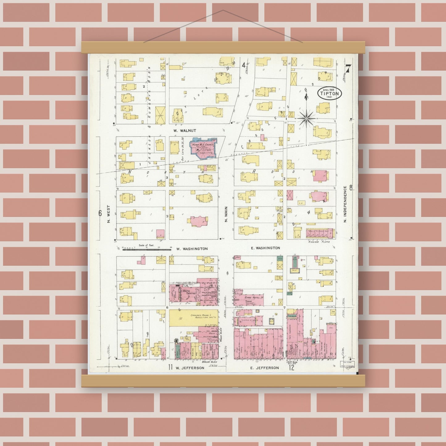 Old map wall art mockup — magnetic wood frame on brick wall — Sanborn Fire Insurance Map from Tipton, Tipton County, Indiana (1909), Sheet #0007