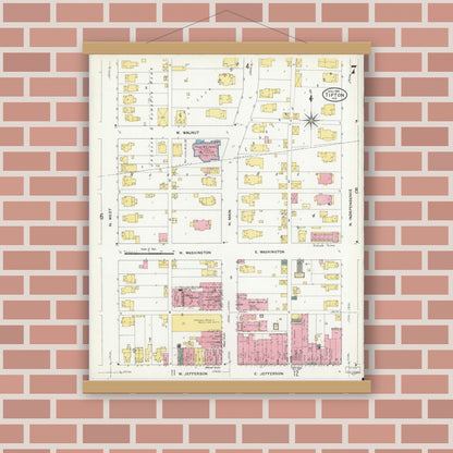 Old map wall art mockup — magnetic wood frame on brick wall — Sanborn Fire Insurance Map from Tipton, Tipton County, Indiana (1909), Sheet #0007