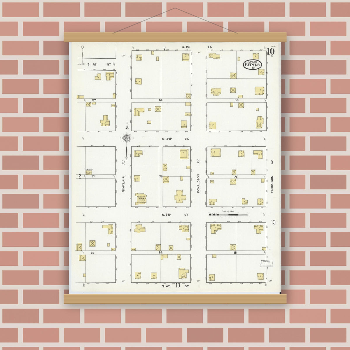 Old map wall art mockup — magnetic wood frame on brick wall — Sanborn Fire Insurance Map from Kerens, Navarro County, Texas (1921), Sheet #0010