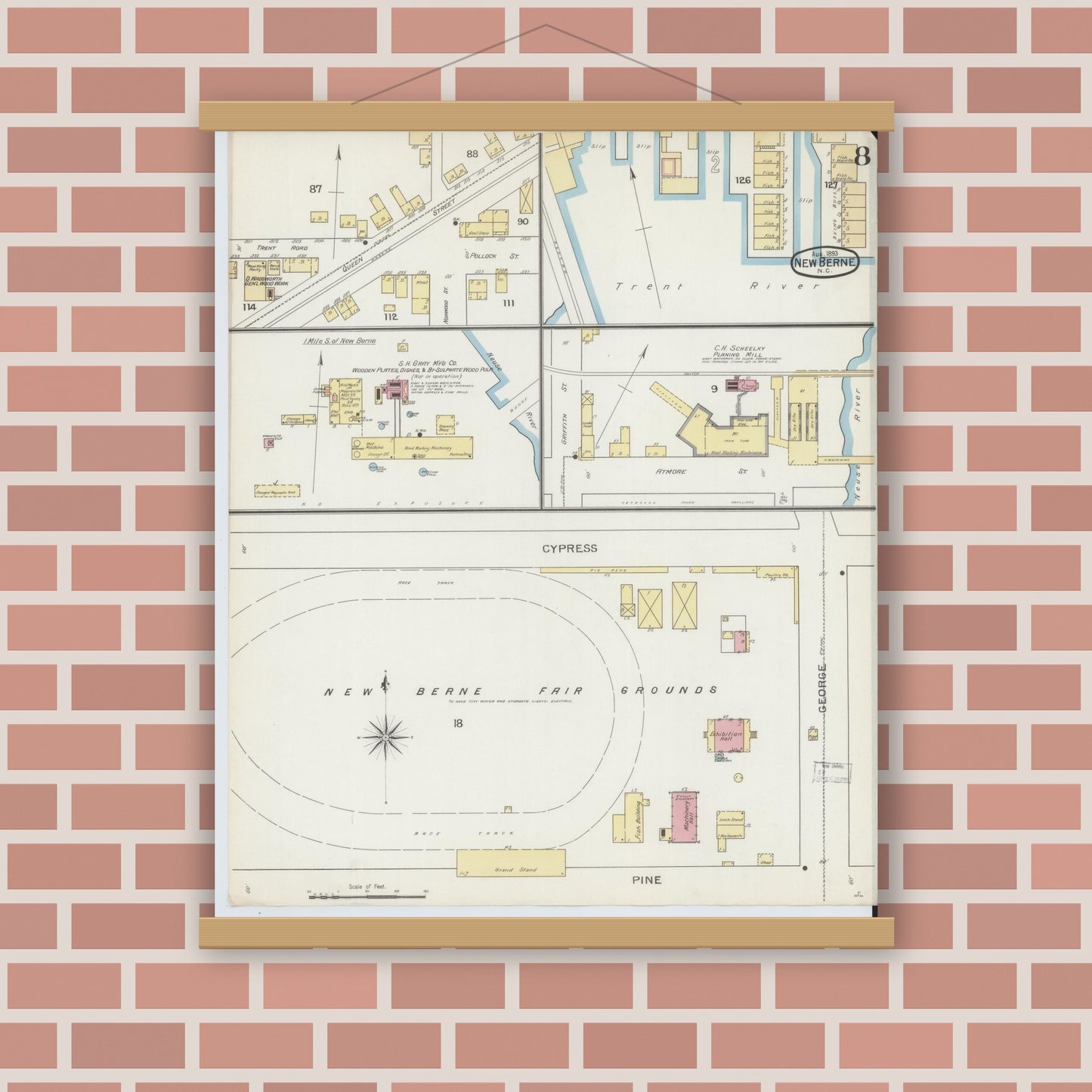 Old map wall art mockup — magnetic wood frame on brick wall — Sanborn Fire Insurance Map from New Bern, Craven County, North Carolina (1893), Sheet #0008