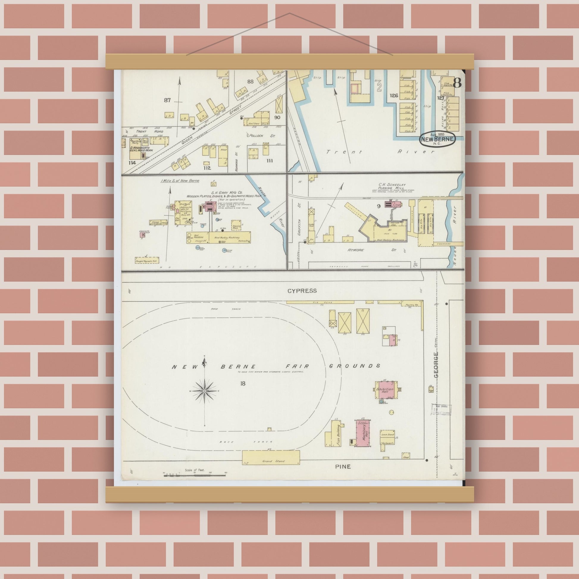 Old map wall art mockup — magnetic wood frame on brick wall — Sanborn Fire Insurance Map from New Bern, Craven County, North Carolina (1893), Sheet #0008