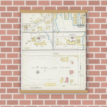 Old map wall art mockup — magnetic wood frame on brick wall — Sanborn Fire Insurance Map from New Bern, Craven County, North Carolina (1893), Sheet #0008