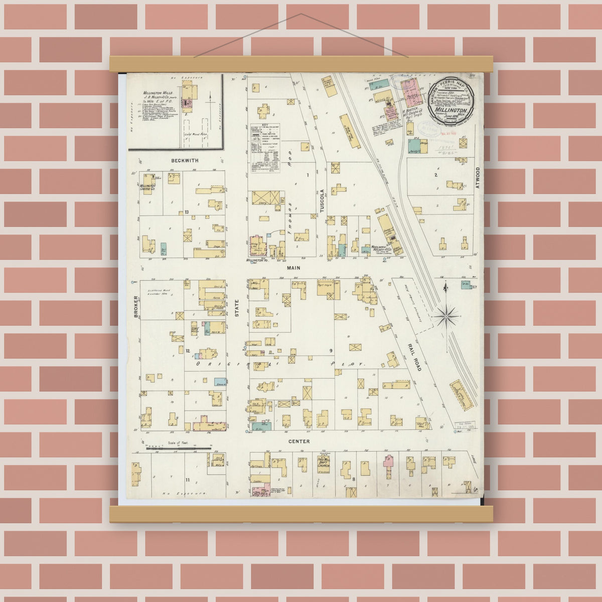 Old map wall art mockup — magnetic wood frame on brick wall — Sanborn Fire Insurance Map from Millington, Tuscola County, Michigan (1898), Sheet #0001