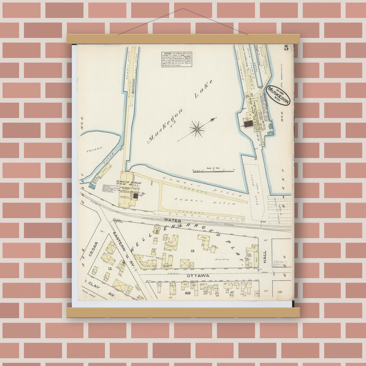 Old map wall art mockup — magnetic wood frame on brick wall — Sanborn Fire Insurance Map from Muskegon, Muskegon County, Michigan (1883), Sheet #0005