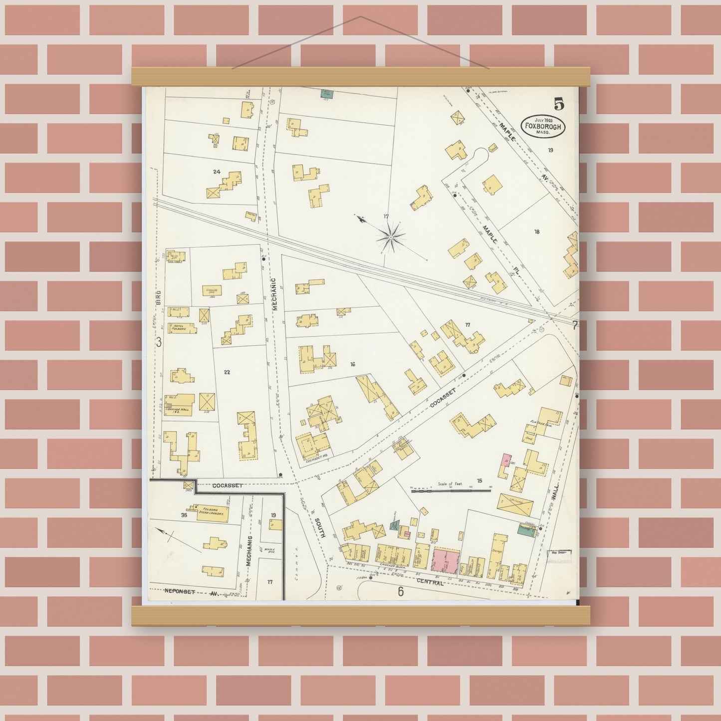 Old map wall art mockup — magnetic wood frame on brick wall — Sanborn Fire Insurance Map from Foxboro, Norfolk County, Massachusetts (1903), Sheet #0005