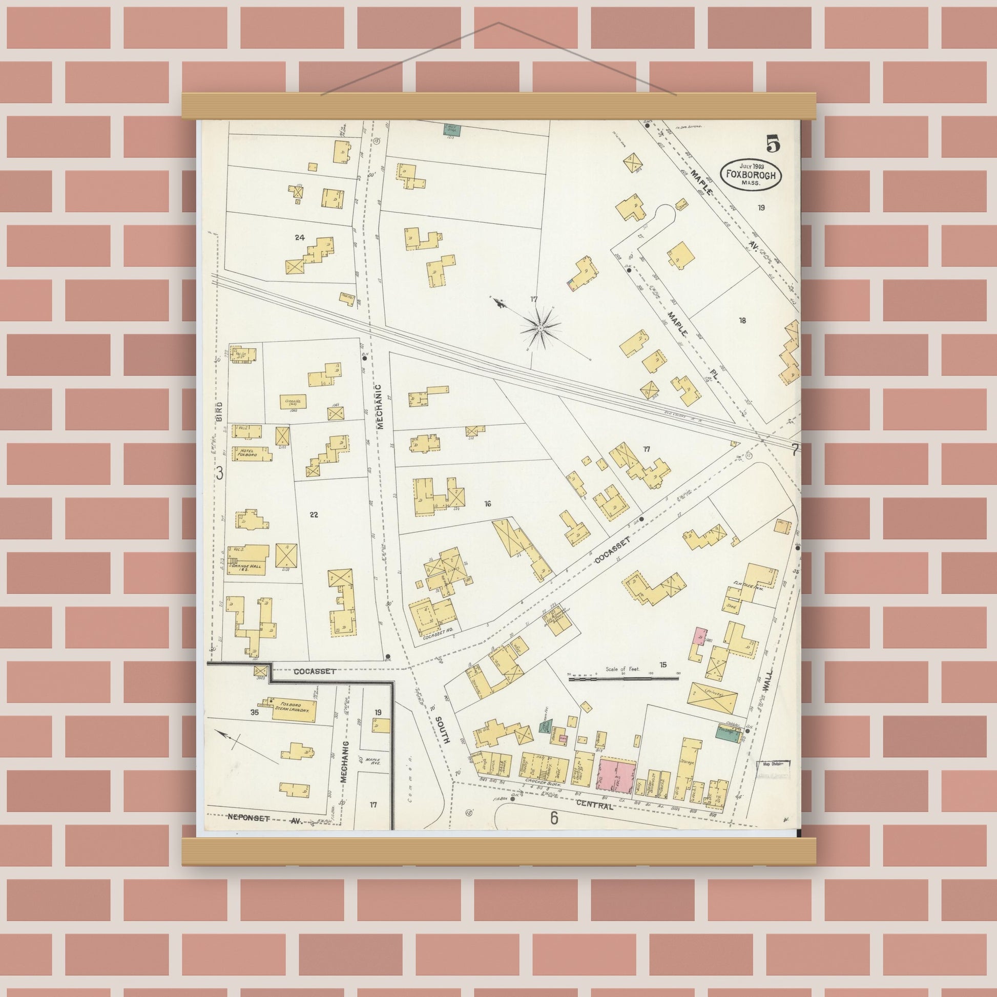 Old map wall art mockup — magnetic wood frame on brick wall — Sanborn Fire Insurance Map from Foxboro, Norfolk County, Massachusetts (1903), Sheet #0005