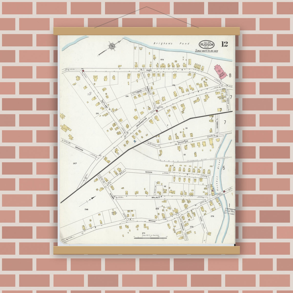 Old map wall art mockup — magnetic wood frame on brick wall — Sanborn Fire Insurance Map from Hudson, Middlesex County, Massachusetts (1916), Sheet #0012