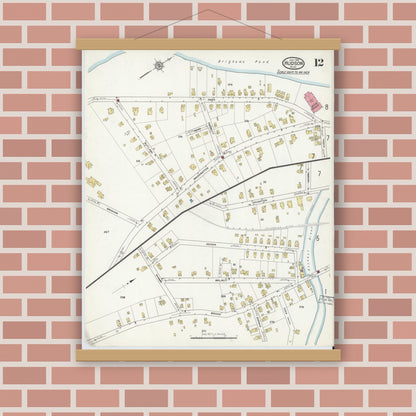 Old map wall art mockup — magnetic wood frame on brick wall — Sanborn Fire Insurance Map from Hudson, Middlesex County, Massachusetts (1916), Sheet #0012