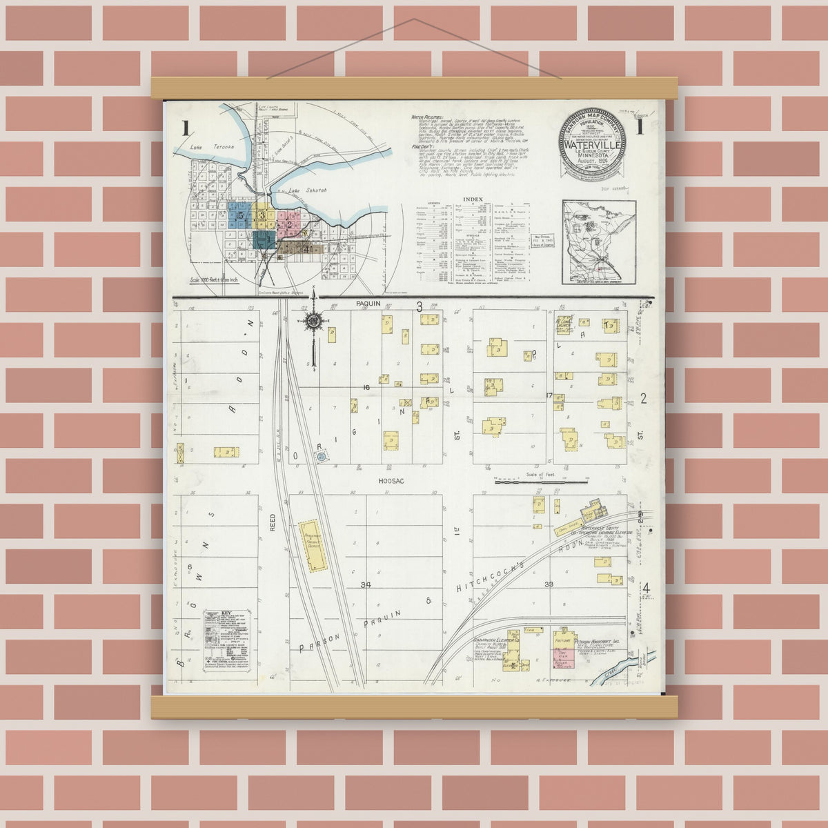 Old map wall art mockup — magnetic wood frame on brick wall — Sanborn Fire Insurance Map from Waterville, Le Sueur County, Minnesota (1924), Sheet #0001