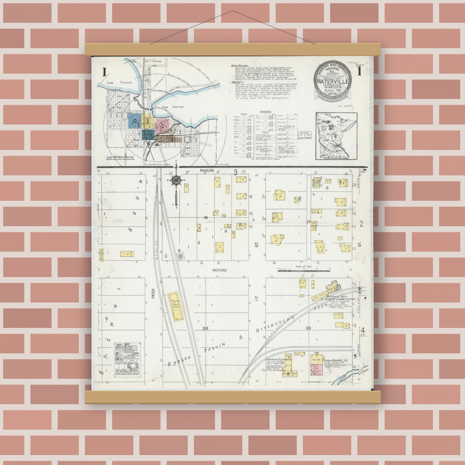 Old map wall art mockup — magnetic wood frame on brick wall — Sanborn Fire Insurance Map from Waterville, Le Sueur County, Minnesota (1924), Sheet #0001
