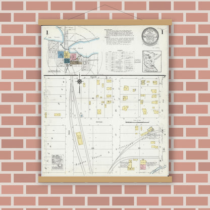 Old map wall art mockup — magnetic wood frame on brick wall — Sanborn Fire Insurance Map from Waterville, Le Sueur County, Minnesota (1924), Sheet #0001