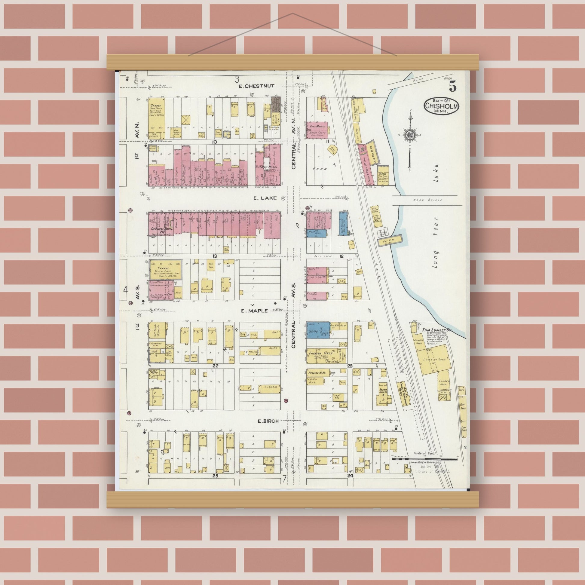 Old map wall art mockup — magnetic wood frame on brick wall — Sanborn Fire Insurance Map from Chisholm, Saint Louis County, Minnesota (1921), Sheet #0005