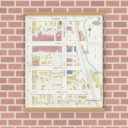 Old map wall art mockup — magnetic wood frame on brick wall — Sanborn Fire Insurance Map from Chisholm, Saint Louis County, Minnesota (1921), Sheet #0005