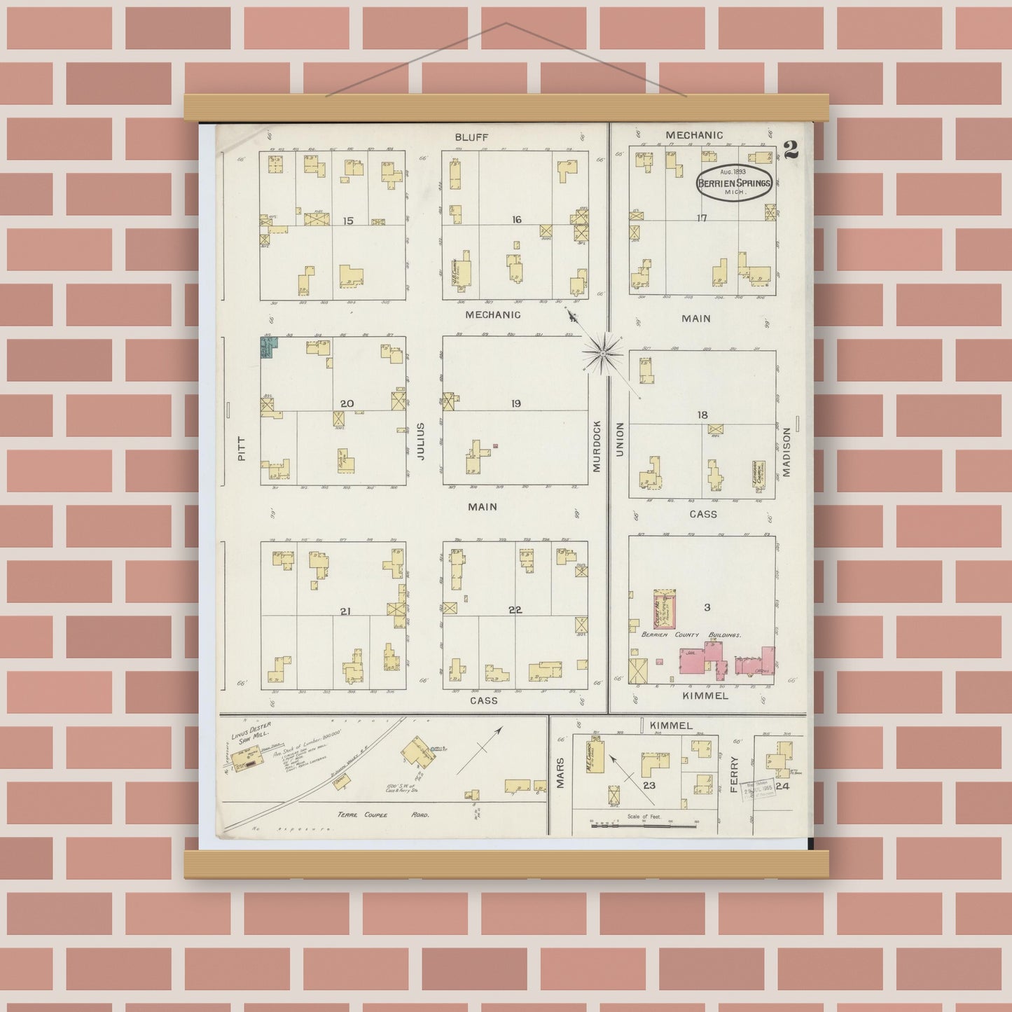 Old map wall art mockup — magnetic wood frame on brick wall — Sanborn Fire Insurance Map from Berrien Springs, Berrien County, Michigan (1893), Sheet #0002