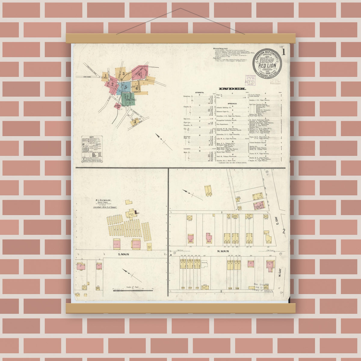 Old map wall art mockup — magnetic wood frame on brick wall — Sanborn Fire Insurance Map from Red Lion, York County, Pennsylvania (1908), Sheet #0001