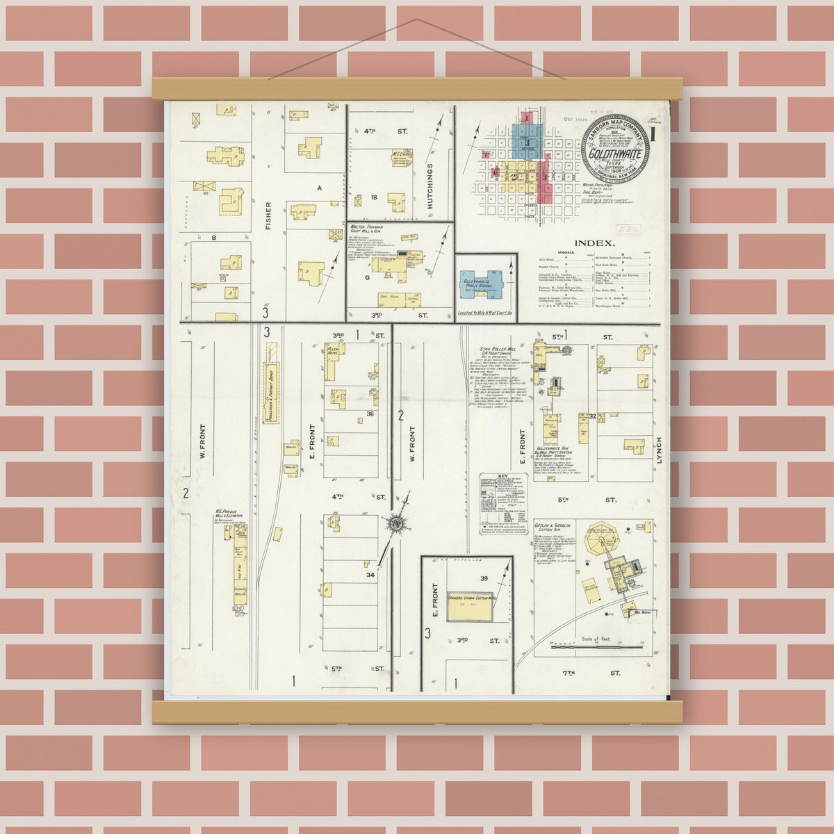 Old map wall art mockup — magnetic wood frame on brick wall — Sanborn Fire Insurance Map from Goldthwaite, Mills County, Texas (1909) - Complete Map Set