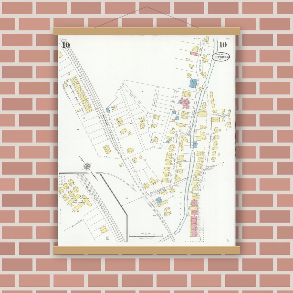 Old map wall art mockup — magnetic wood frame on brick wall — Sanborn Fire Insurance Map from Leechburg, Armstrong County, Pennsylvania (1927), Sheet #0010