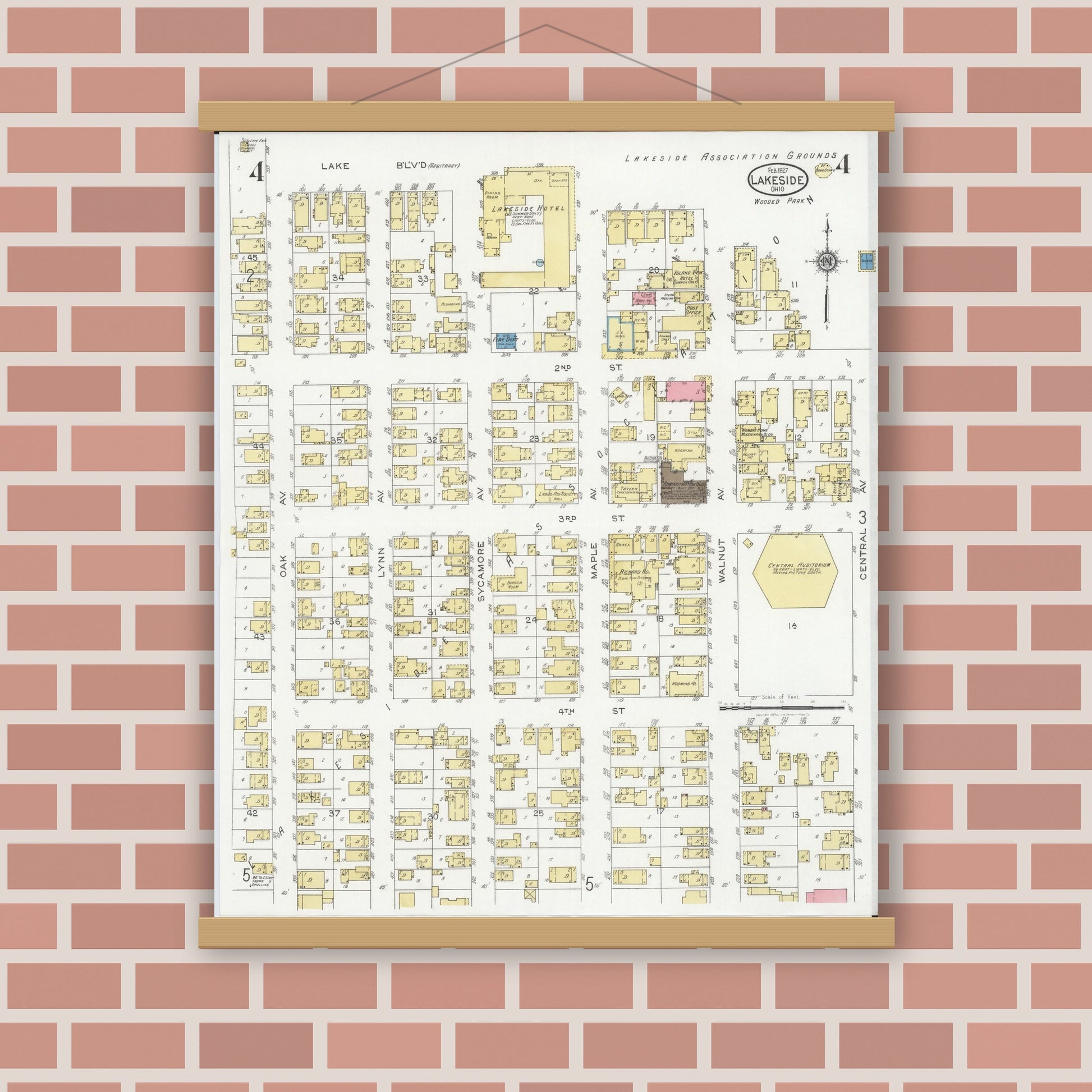 Old map wall art mockup — magnetic wood frame on brick wall — Sanborn Fire Insurance Map from Lakeside, Ottawa County, Ohio (1927), Sheet #0004