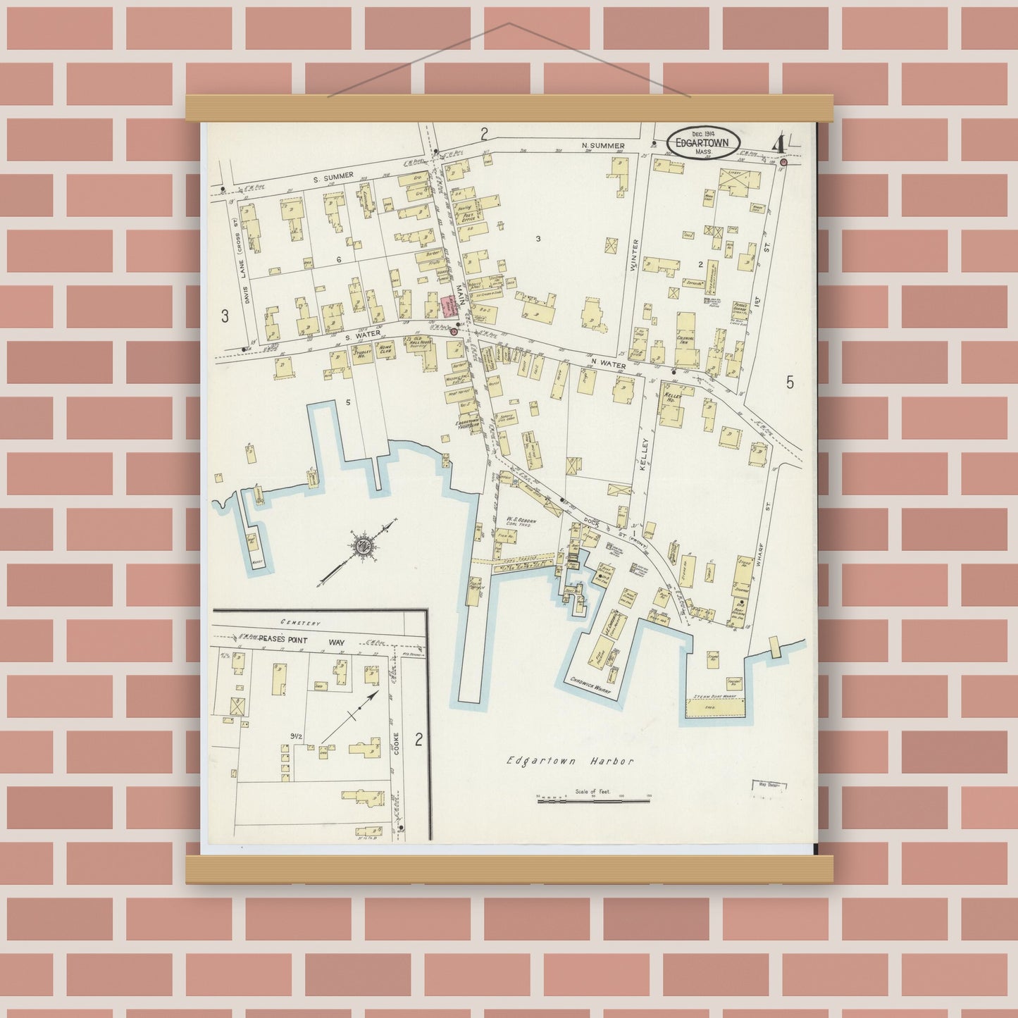 Old map wall art mockup — magnetic wood frame on brick wall — Sanborn Fire Insurance Map from Edgartown, Dukes County, Massachusetts (1914), Sheet #0004