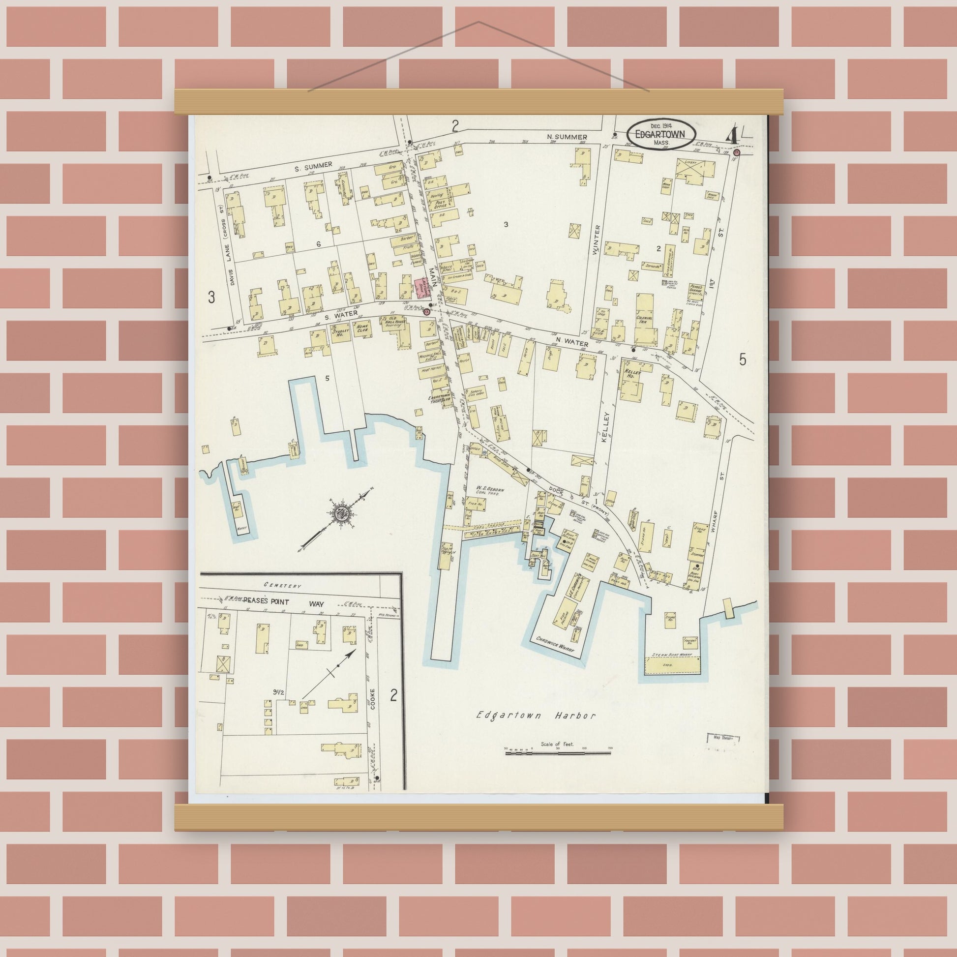 Old map wall art mockup — magnetic wood frame on brick wall — Sanborn Fire Insurance Map from Edgartown, Dukes County, Massachusetts (1914), Sheet #0004
