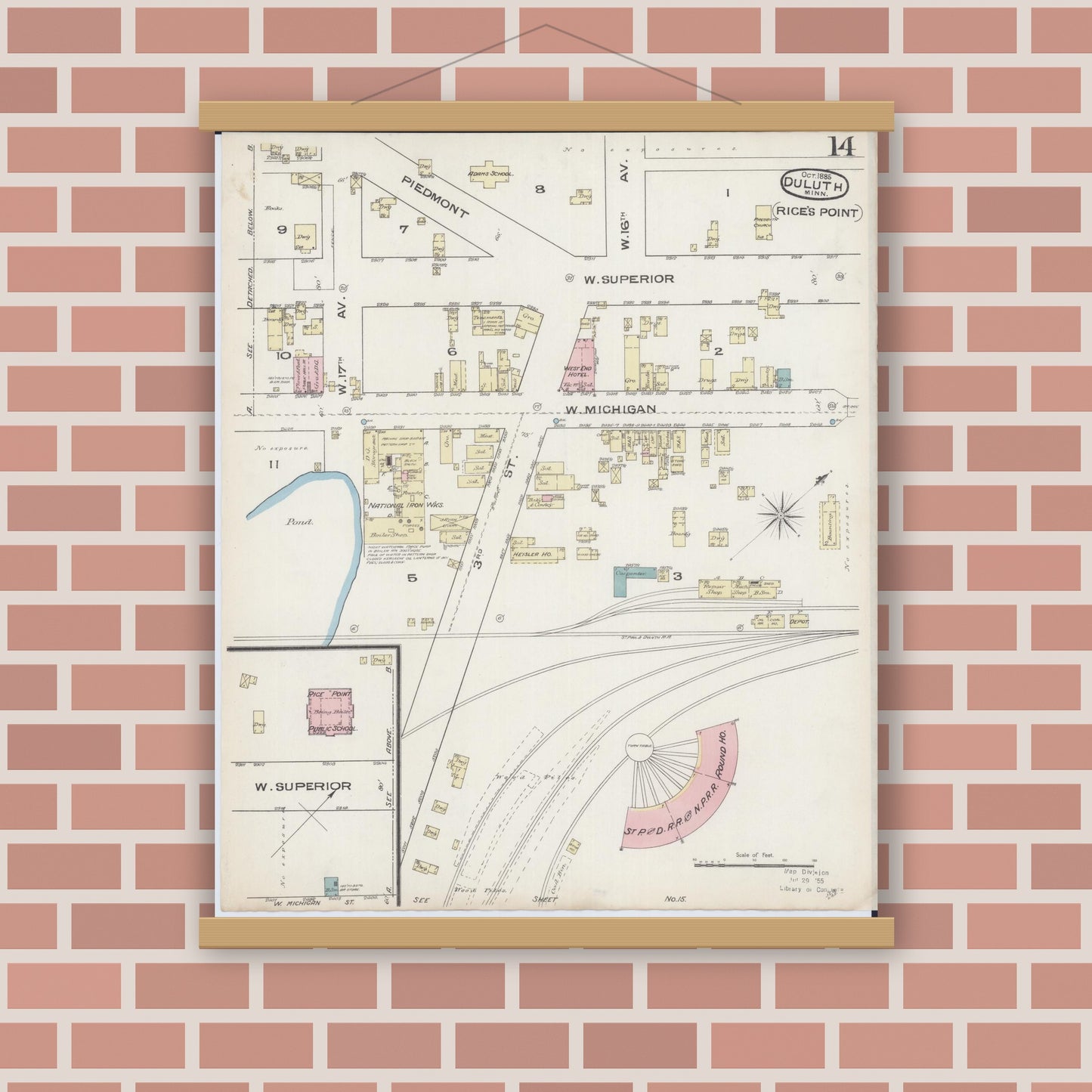 Old map wall art mockup — magnetic wood frame on brick wall — Sanborn Fire Insurance Map from Duluth, Saint Louis County, Minnesota (1885), Sheet #0014
