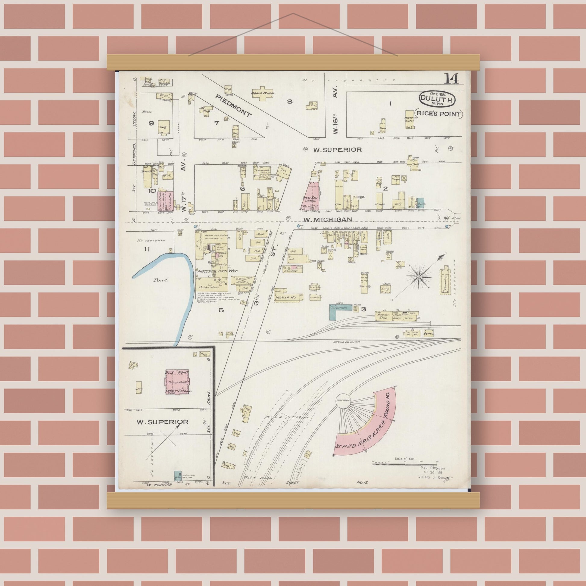 Old map wall art mockup — magnetic wood frame on brick wall — Sanborn Fire Insurance Map from Duluth, Saint Louis County, Minnesota (1885), Sheet #0014