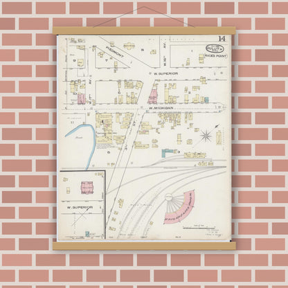 Old map wall art mockup — magnetic wood frame on brick wall — Sanborn Fire Insurance Map from Duluth, Saint Louis County, Minnesota (1885), Sheet #0014