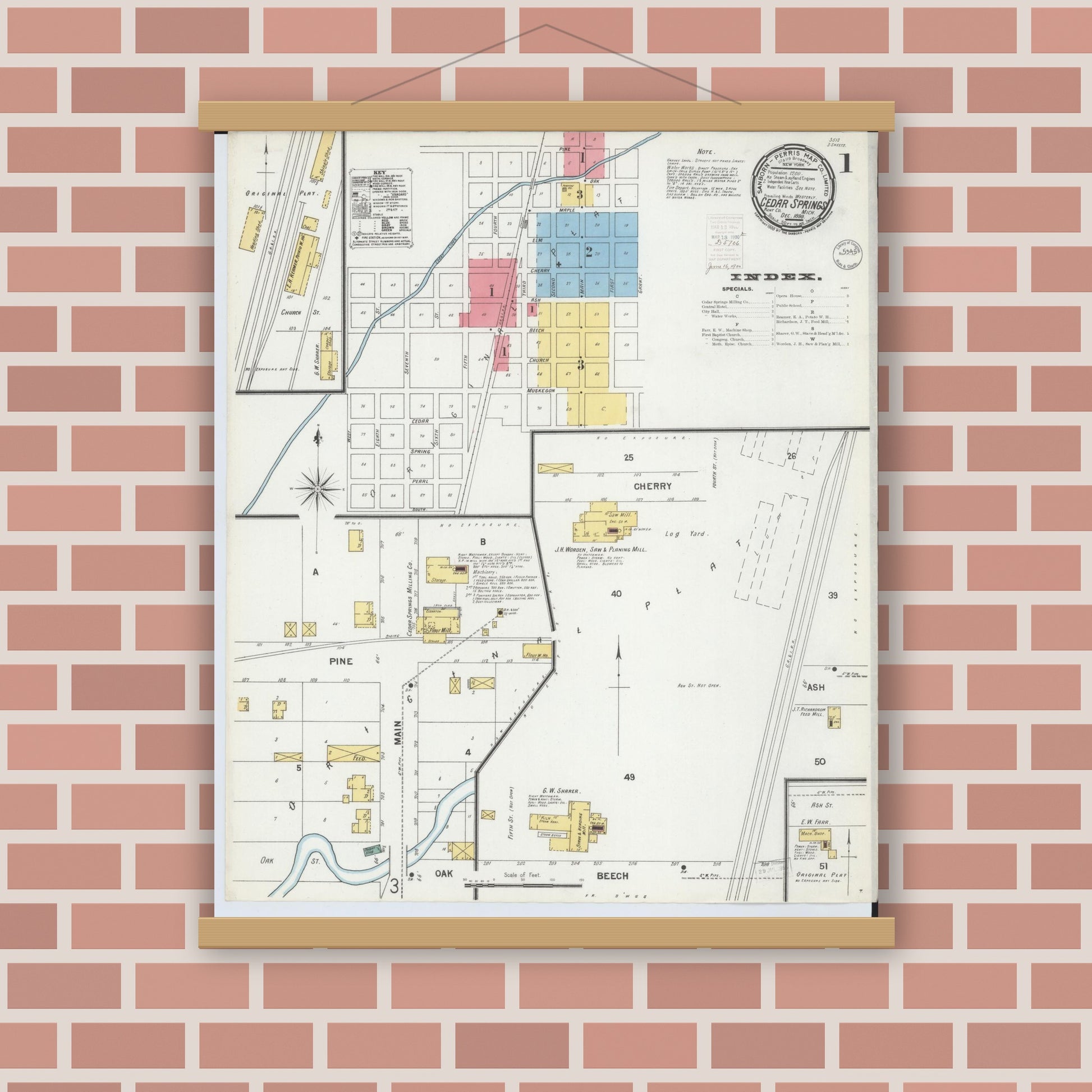 Old map wall art mockup — magnetic wood frame on brick wall — Sanborn Fire Insurance Map from Cedar Springs, Kent County, Michigan (1899) - Complete Map Set