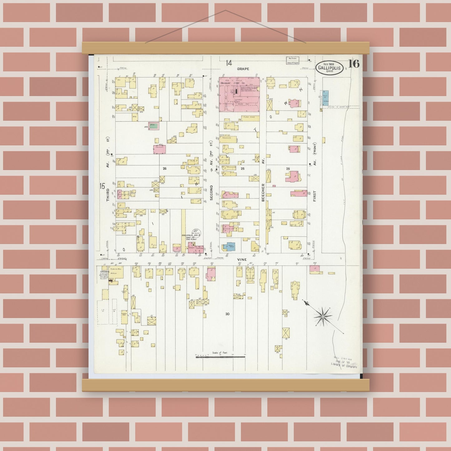 Old map wall art mockup — magnetic wood frame on brick wall — Sanborn Fire Insurance Map from Gallipolis, Gallia County, Ohio (1908), Sheet #0016