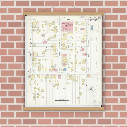 Old map wall art mockup — magnetic wood frame on brick wall — Sanborn Fire Insurance Map from Gallipolis, Gallia County, Ohio (1908), Sheet #0016
