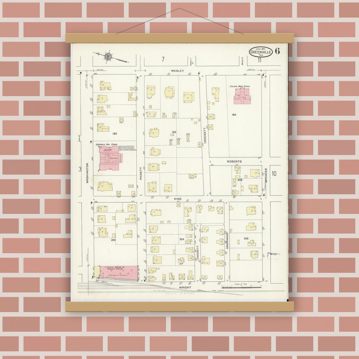 Old map wall art mockup — magnetic wood frame on brick wall — Sanborn Fire Insurance Map from Greenville, Hunt County, Texas (1914), Sheet #0006