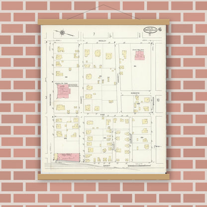Old map wall art mockup — magnetic wood frame on brick wall — Sanborn Fire Insurance Map from Greenville, Hunt County, Texas (1914), Sheet #0006