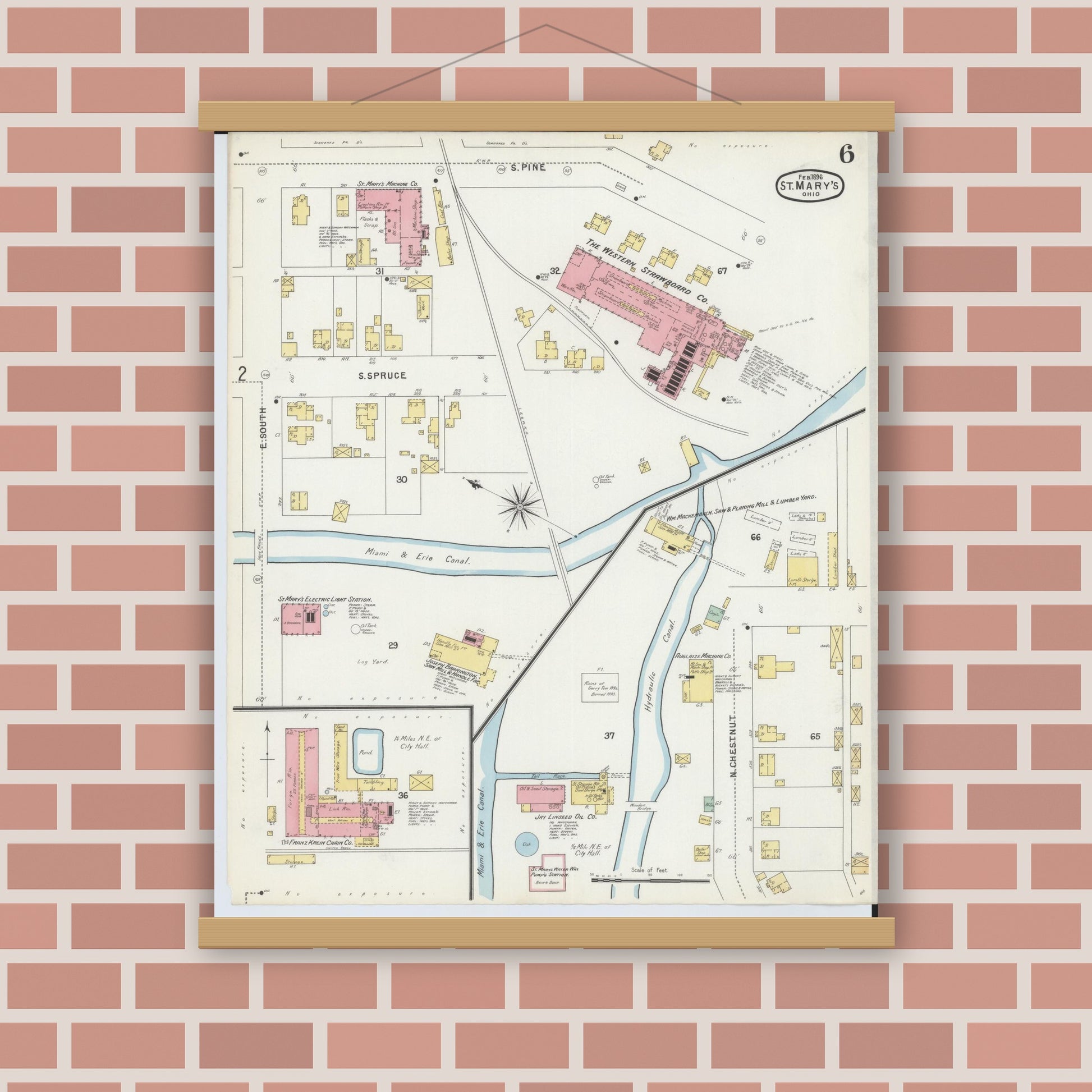 Old map wall art mockup — magnetic wood frame on brick wall — Sanborn Fire Insurance Map from Saint Marys, Auglaize County, Ohio (1896), Sheet #0006