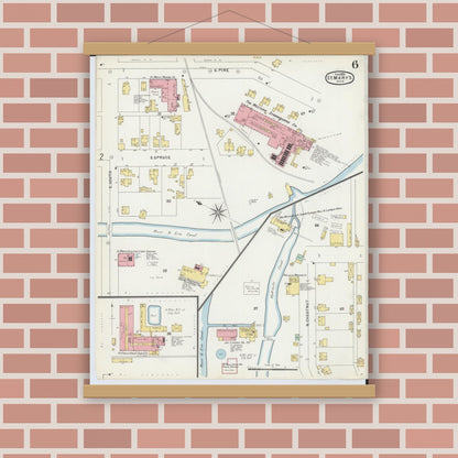 Old map wall art mockup — magnetic wood frame on brick wall — Sanborn Fire Insurance Map from Saint Marys, Auglaize County, Ohio (1896), Sheet #0006