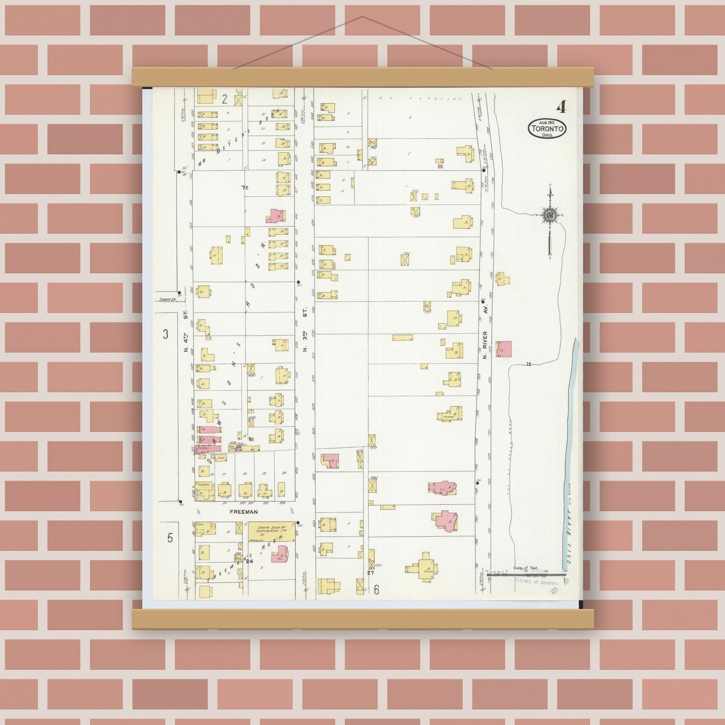Old map wall art mockup — magnetic wood frame on brick wall — Sanborn Fire Insurance Map from Toronto, Jefferson County, Ohio (1911), Sheet #0004