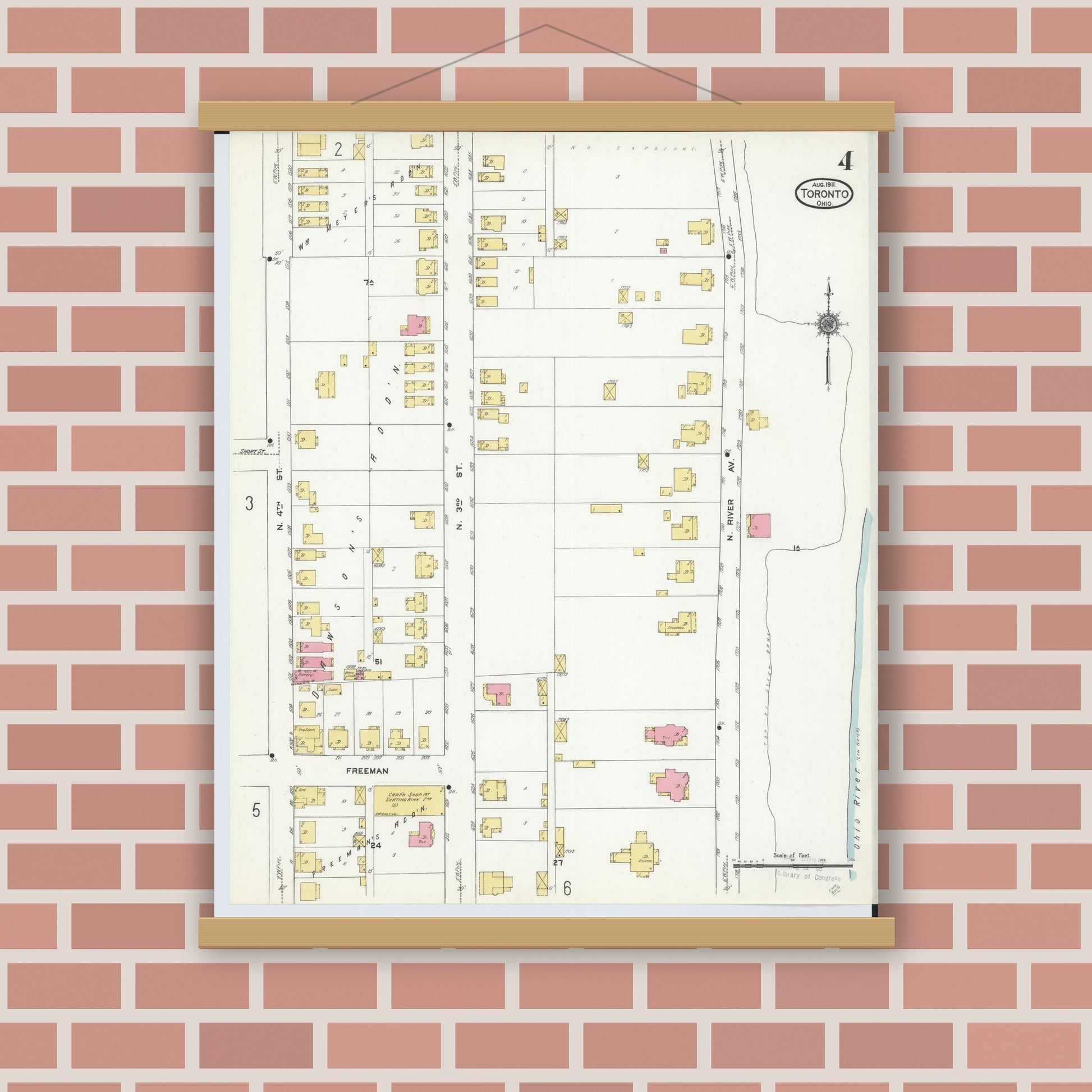 Old map wall art mockup — magnetic wood frame on brick wall — Sanborn Fire Insurance Map from Toronto, Jefferson County, Ohio (1911), Sheet #0004