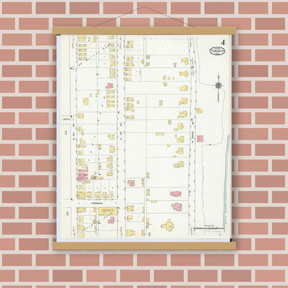 Old map wall art mockup — magnetic wood frame on brick wall — Sanborn Fire Insurance Map from Toronto, Jefferson County, Ohio (1911), Sheet #0004