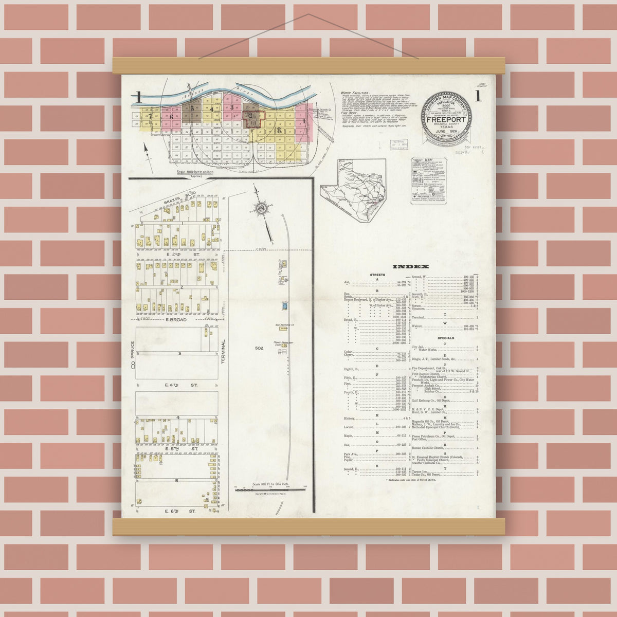 Old map wall art mockup — magnetic wood frame on brick wall — Sanborn Fire Insurance Map from Freeport, Brazoria County, Texas (1926), Sheet #0001